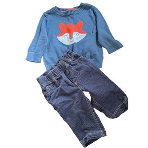 Adorable Outfit Carters Blue and Orange Fox Sweater with Jeans- Size 3 Months